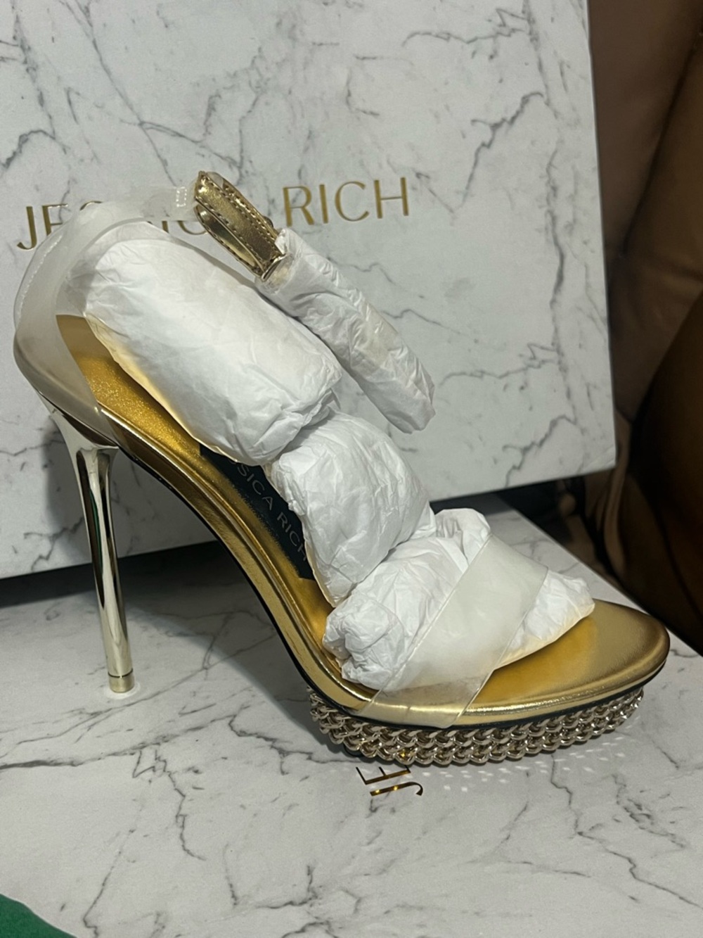 Jessica White and Gold Chain-Trim Stiletto Sandals